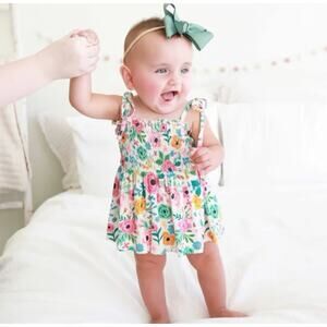 Caden Lane Smocked Twirl Bodysuit Dress in Pretty Poppies - Size 0-3 Months